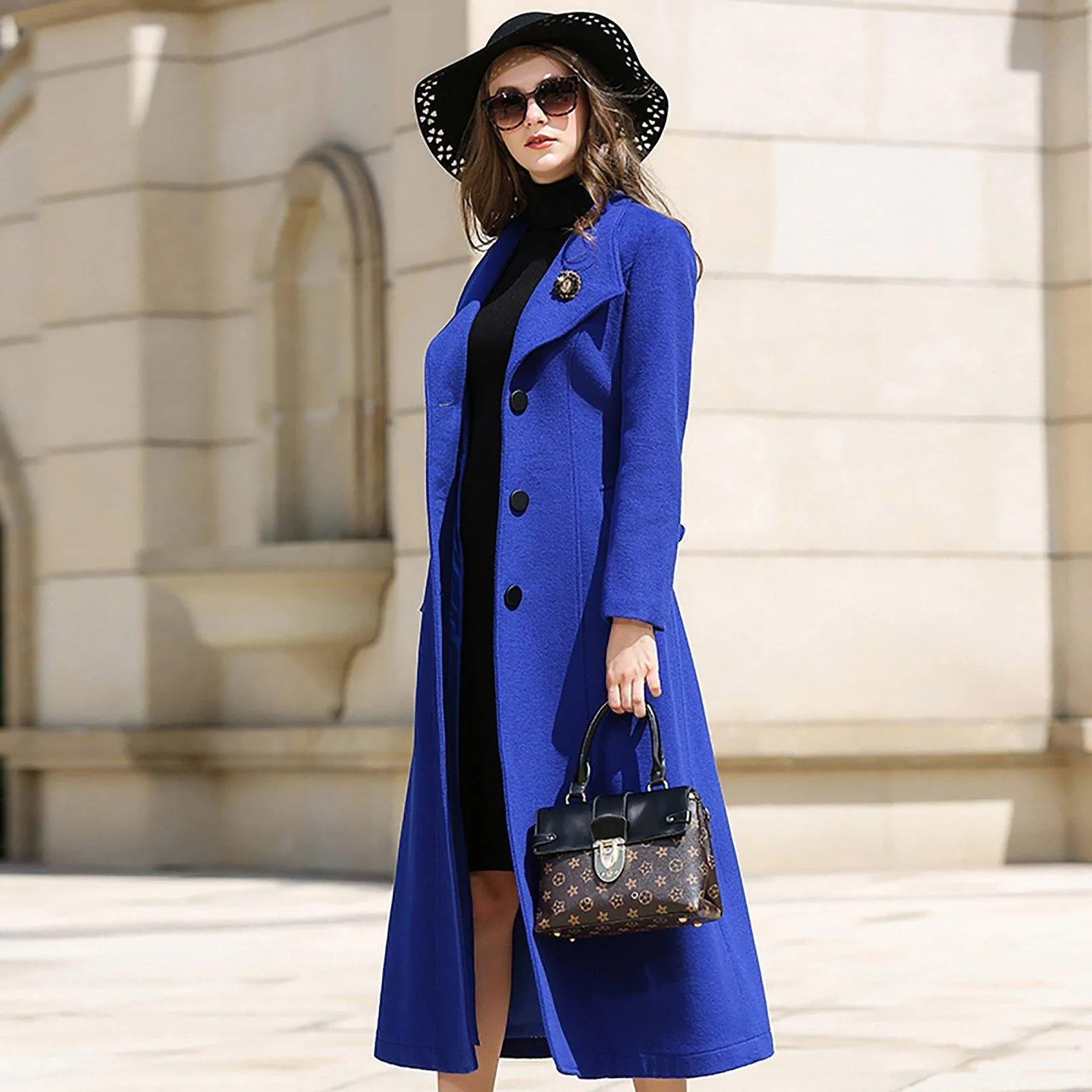 Custom Blue Belted Three Button Fit & Flare Wool Blend Coat