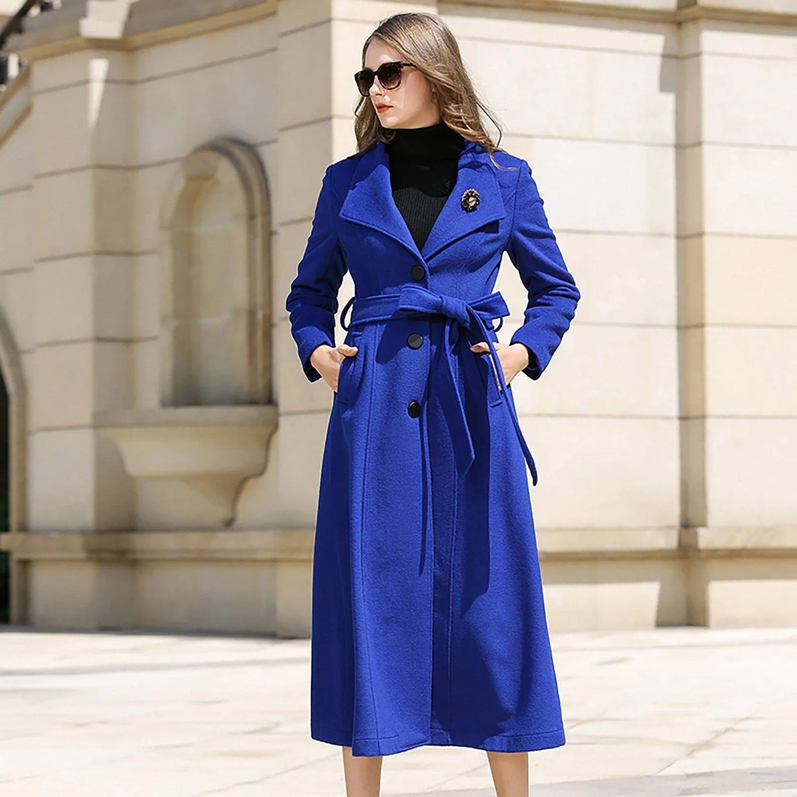 Custom Blue Belted Three Button Fit & Flare Wool Blend Coat