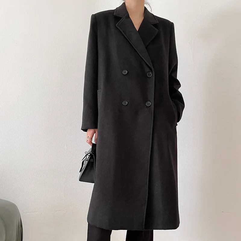 Double Breasted Oversized Long Wool Coat Black