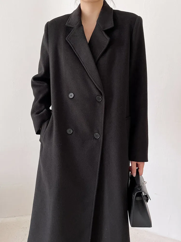 Double Breasted Oversized Long Wool Coat Black