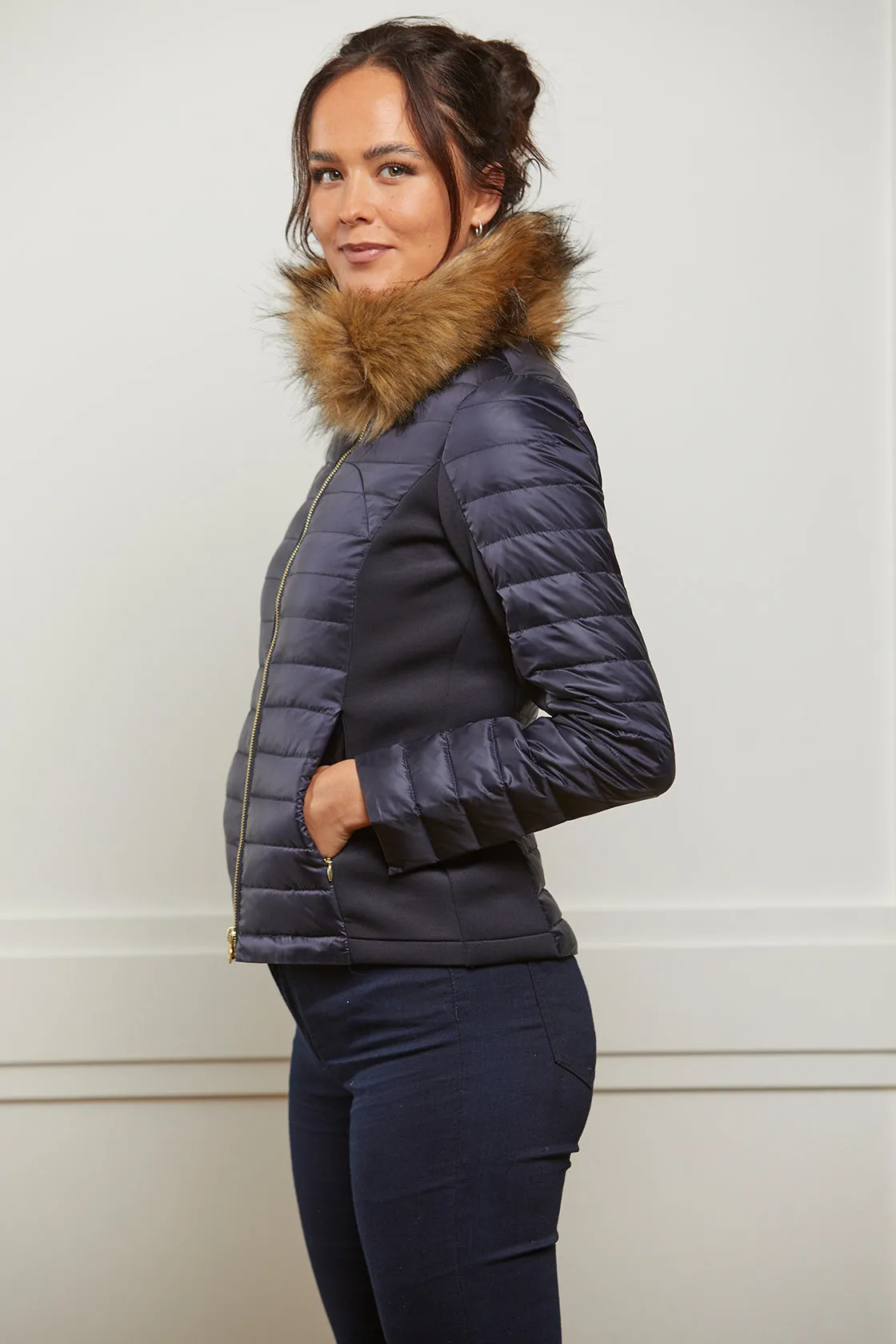 Down Puffer Jacket with Luxe Faux Fur Collar - Navy