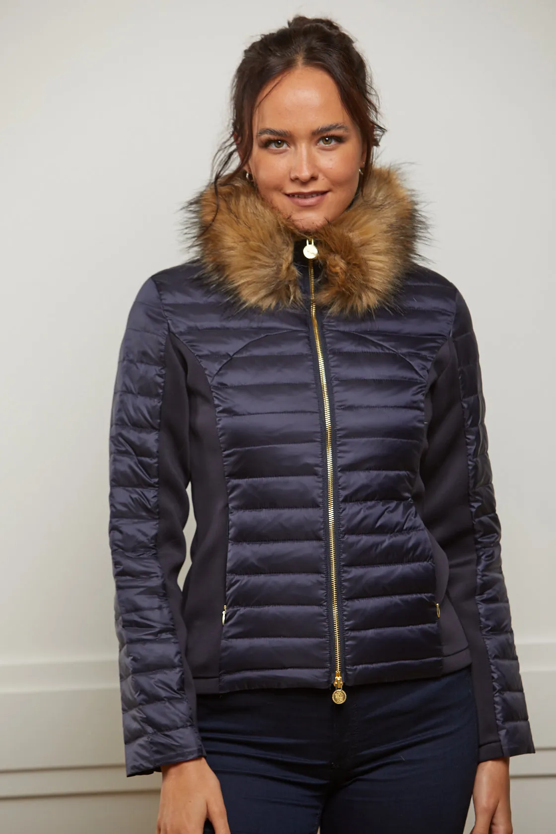 Down Puffer Jacket with Luxe Faux Fur Collar - Navy