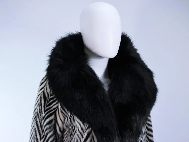 FACCARIA FURS Black & White Chevron Fur Coat w/ Fox Trim Size 4