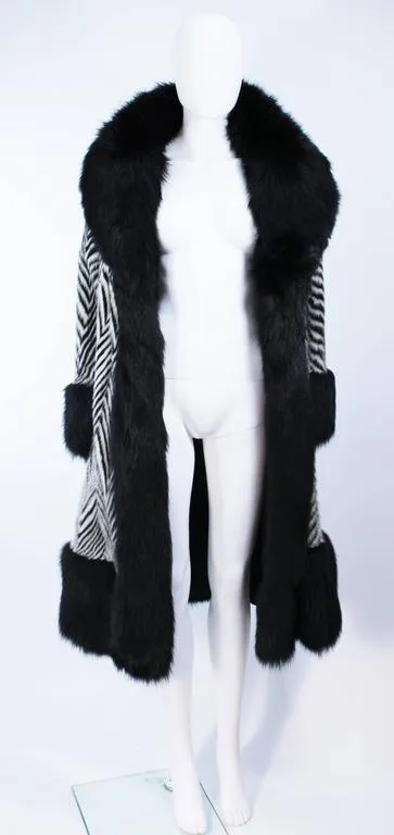 FACCARIA FURS Black & White Chevron Fur Coat w/ Fox Trim Size 4