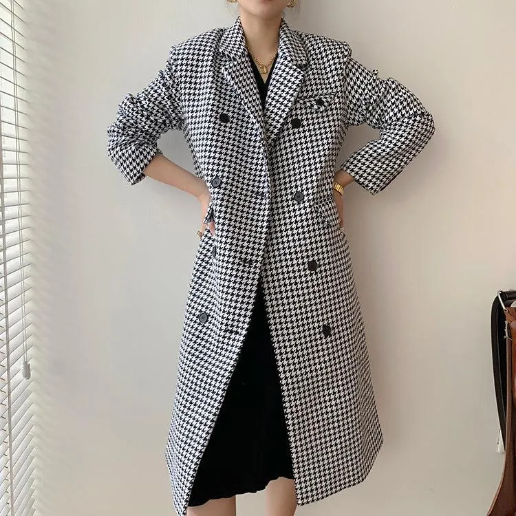 Houndstooth Double Breasted Oversized Long Wool Coat