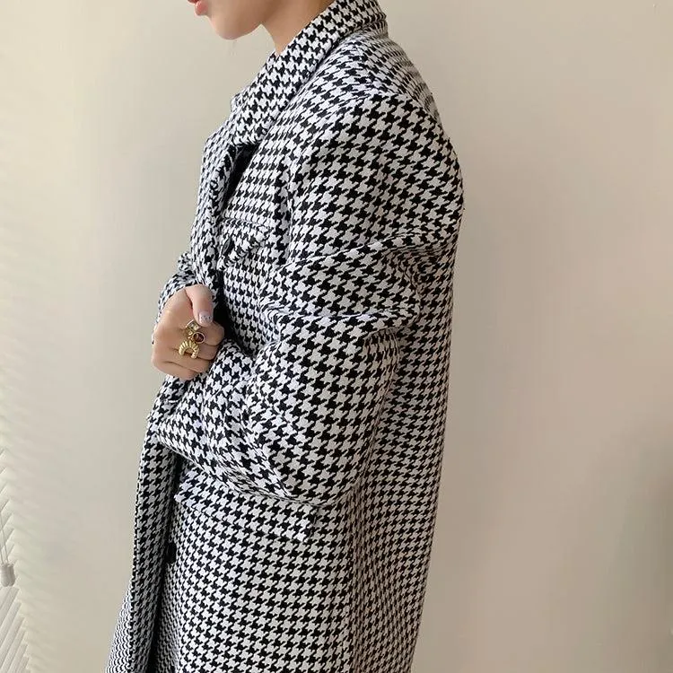 Houndstooth Double Breasted Oversized Long Wool Coat