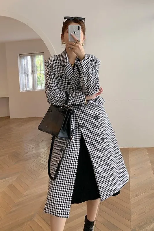 Houndstooth Double Breasted Oversized Long Wool Coat