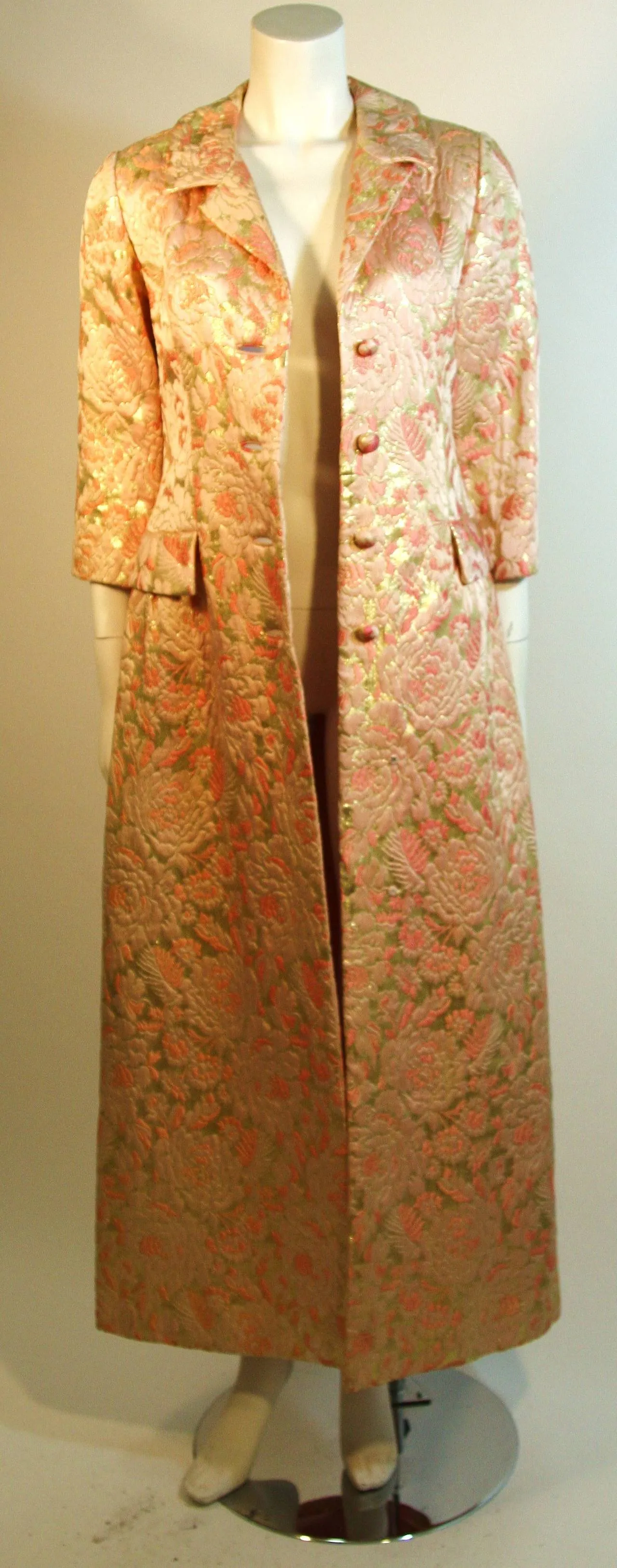 I. MAGNIN Pink and Gold Jacquard Full Length Coat