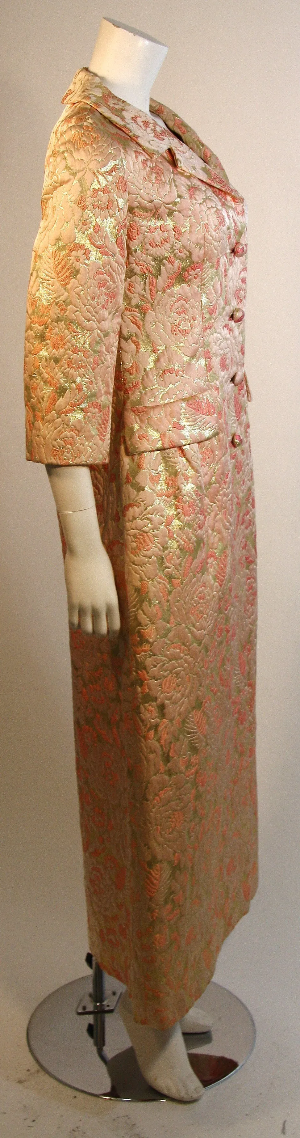 I. MAGNIN Pink and Gold Jacquard Full Length Coat