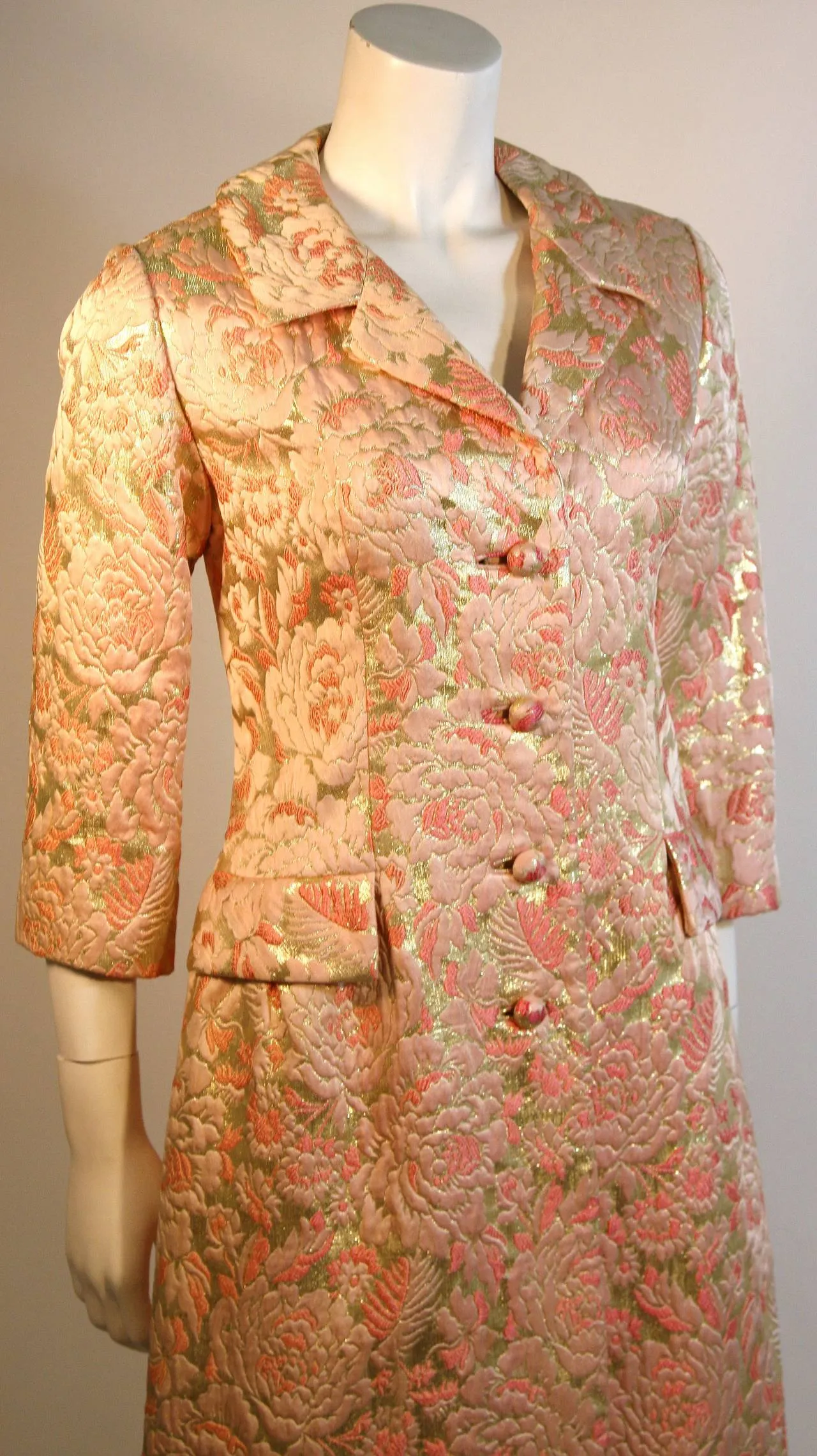 I. MAGNIN Pink and Gold Jacquard Full Length Coat