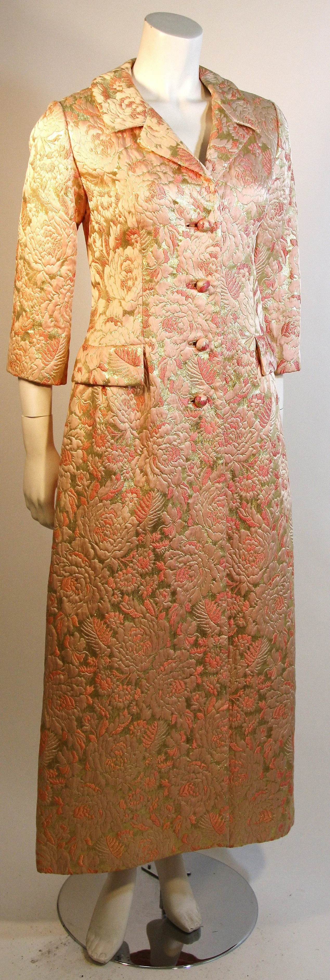 I. MAGNIN Pink and Gold Jacquard Full Length Coat