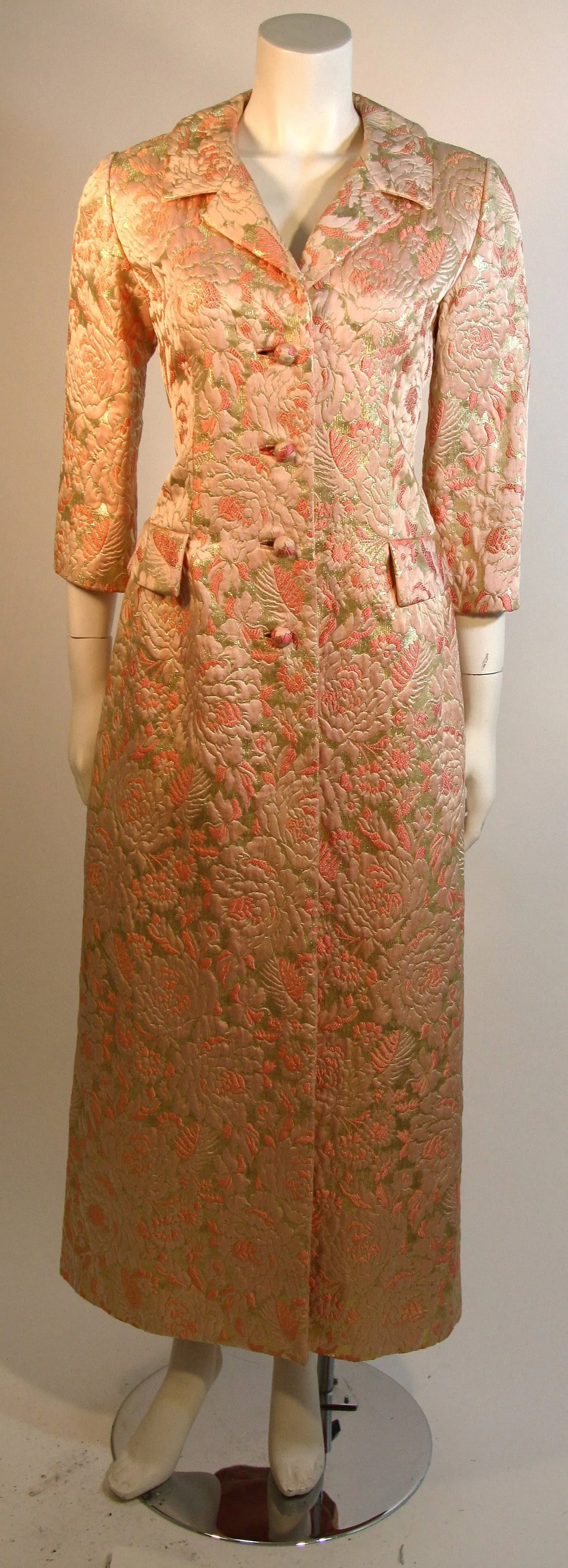 I. MAGNIN Pink and Gold Jacquard Full Length Coat