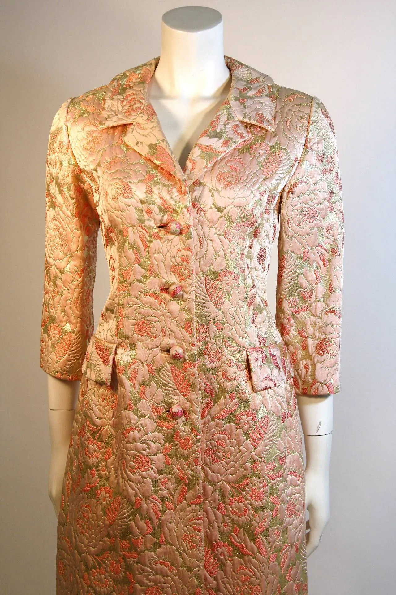 I. MAGNIN Pink and Gold Jacquard Full Length Coat