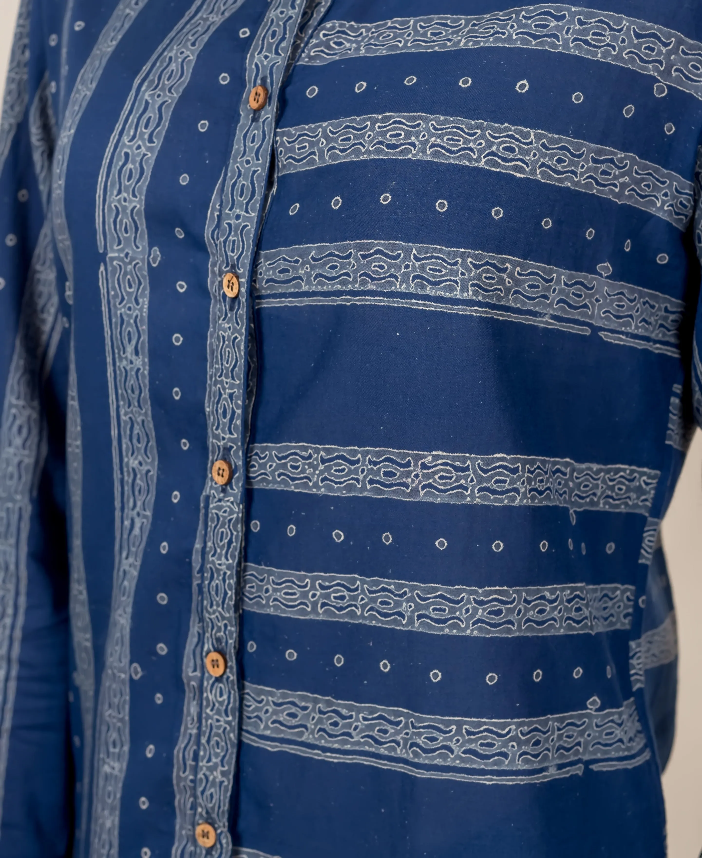 Indigo Block Printed Button Down Shirt