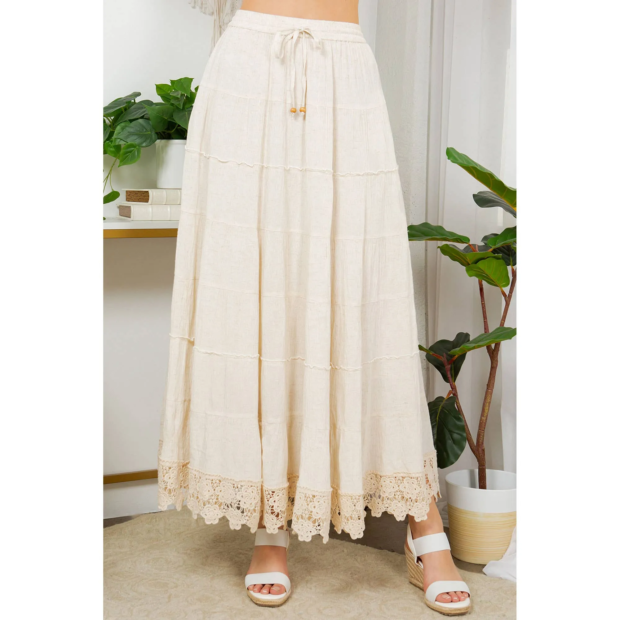 Ivory Hand-Aari & Lace Crinkled Rayon Flax Tiers Skirt