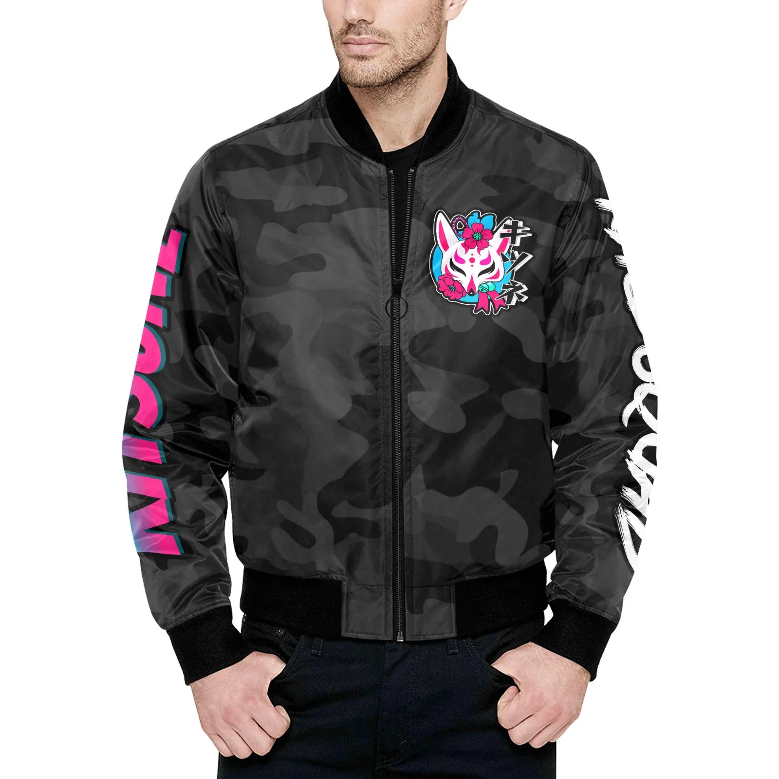 Stylish Kitsune Black Camo Bomber Jacket