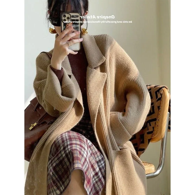 Knitting Cardigan Thicken Long Sweater Coat For Women Solid Lapel Loose Casual Vintage Clothing