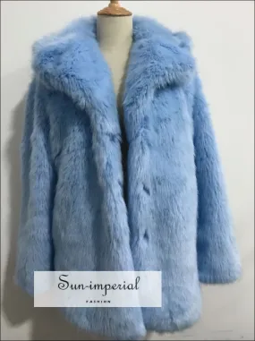 Light Blue Shaggy Women Faux Fur Jacket Mid Length Coat