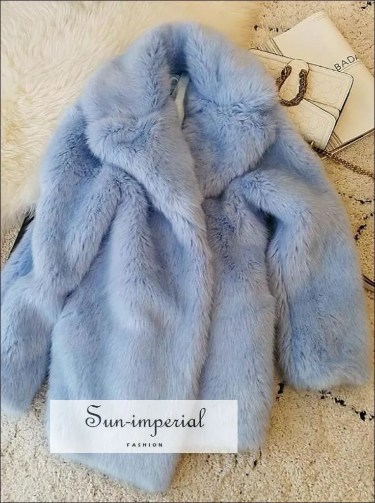 Light Blue Shaggy Women Faux Fur Jacket Mid Length Coat