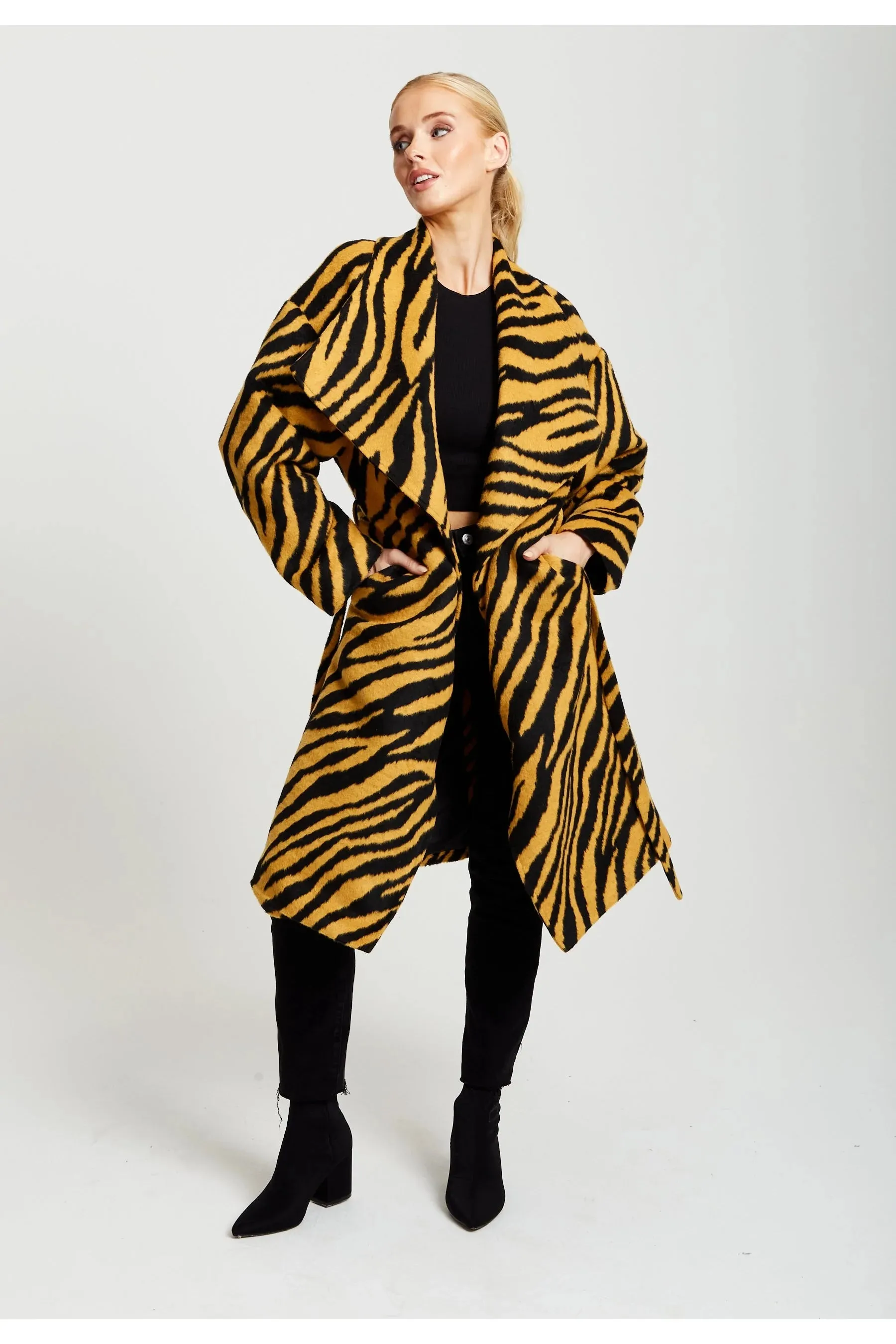 Liquorish Zebra Print Longline Coat In Mustard And Black