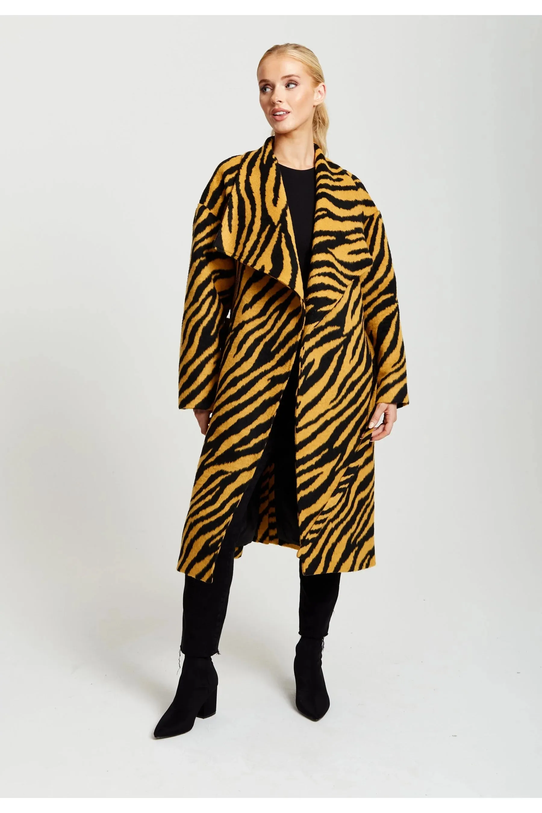 Liquorish Zebra Print Longline Coat In Mustard And Black