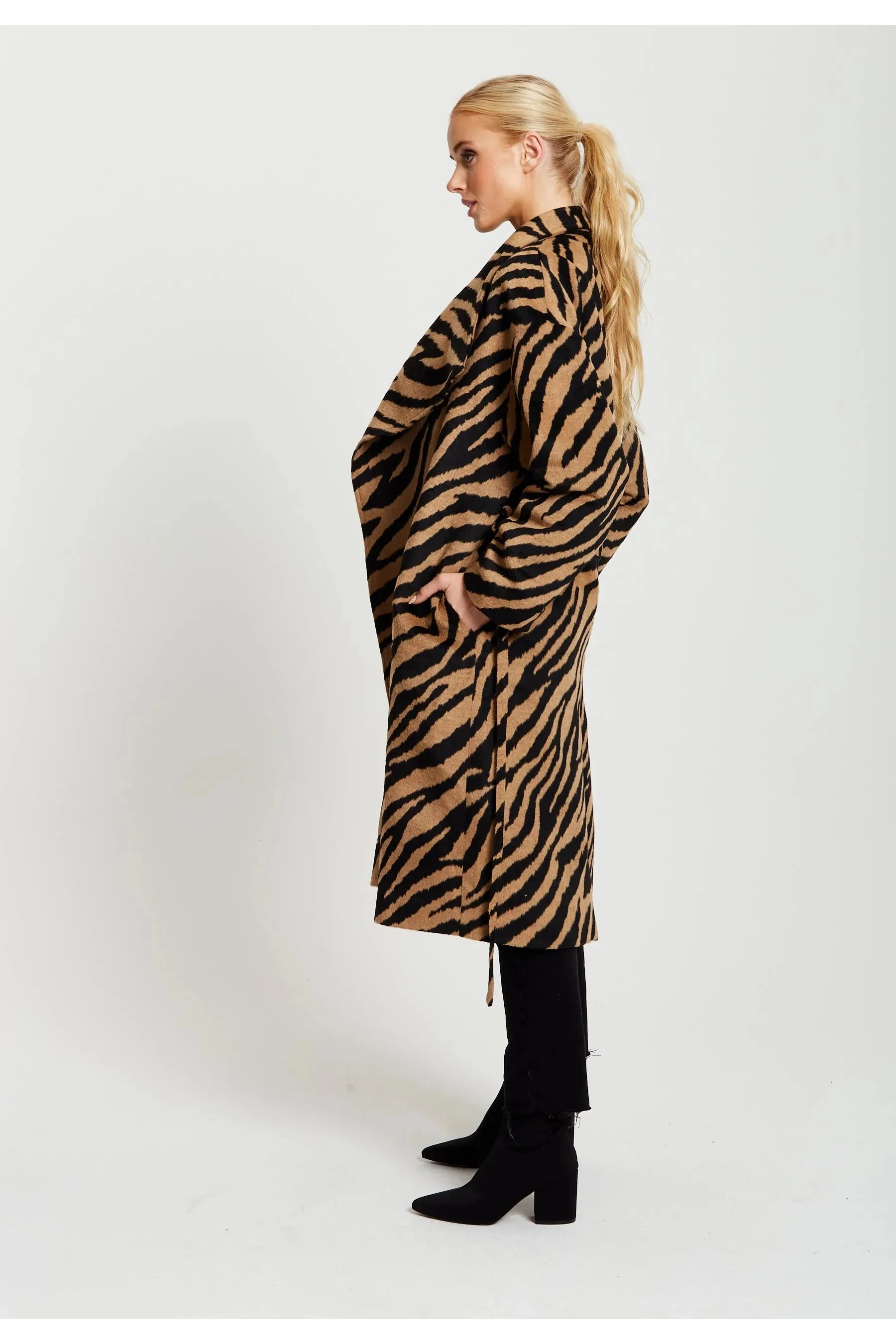 Liquorish Zebra Print Longline Coat In Mustard And Black