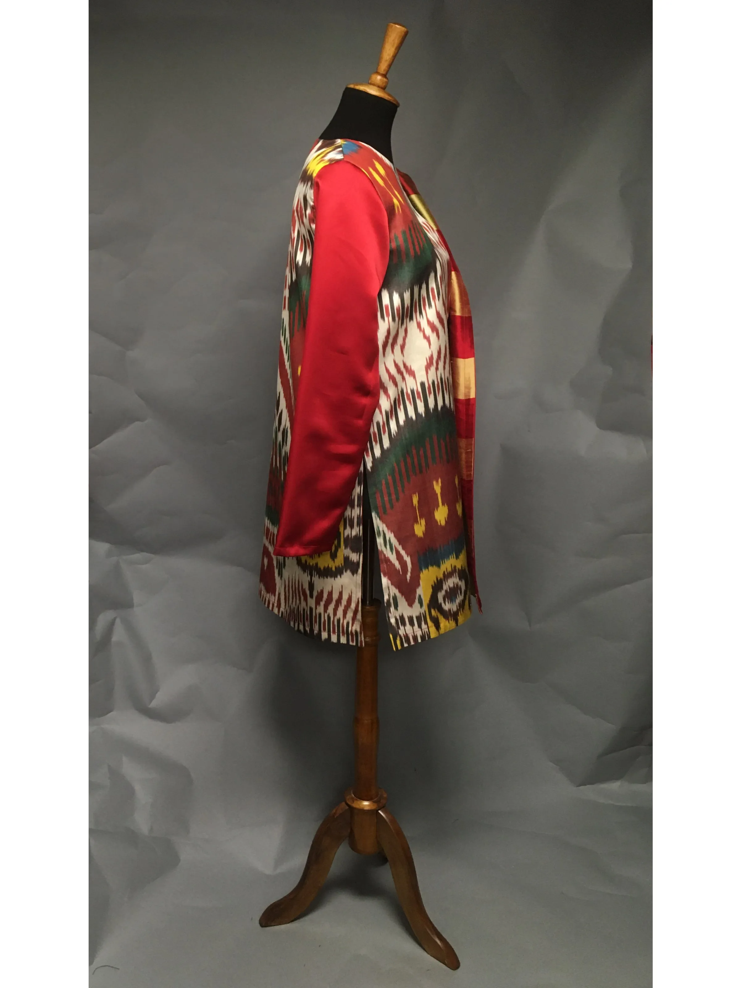 *Pieced Ikat with Red Silk and Plaid Silk Taffeta Coat