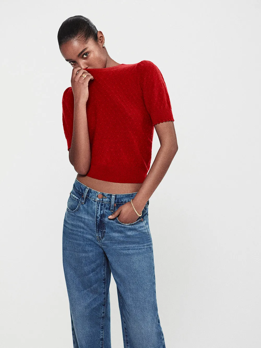 Pointelle Puff Sleeve Sweater -- Paprika