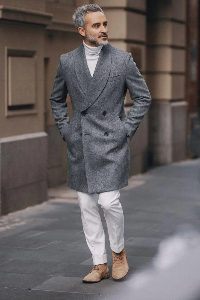 Roman Shawl Coat - Grey Wide Herringbone Lambs Wool