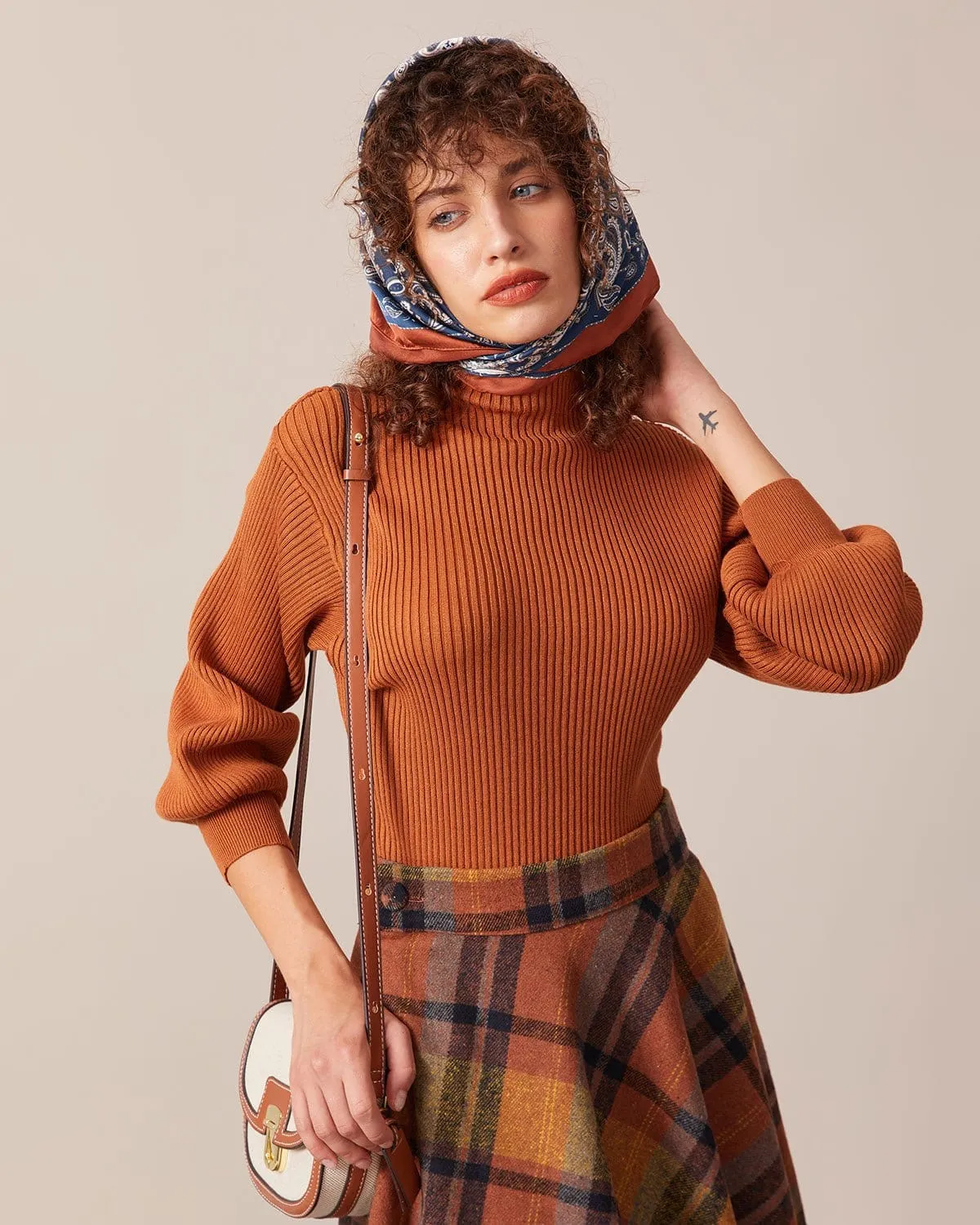 The Brown Mock Neck Lantern Sleeve Knit Top