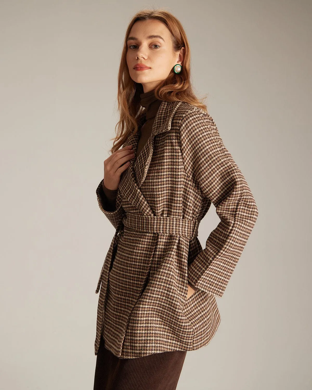 The Khaki Lapel Plaid Lace Up Belted Coat