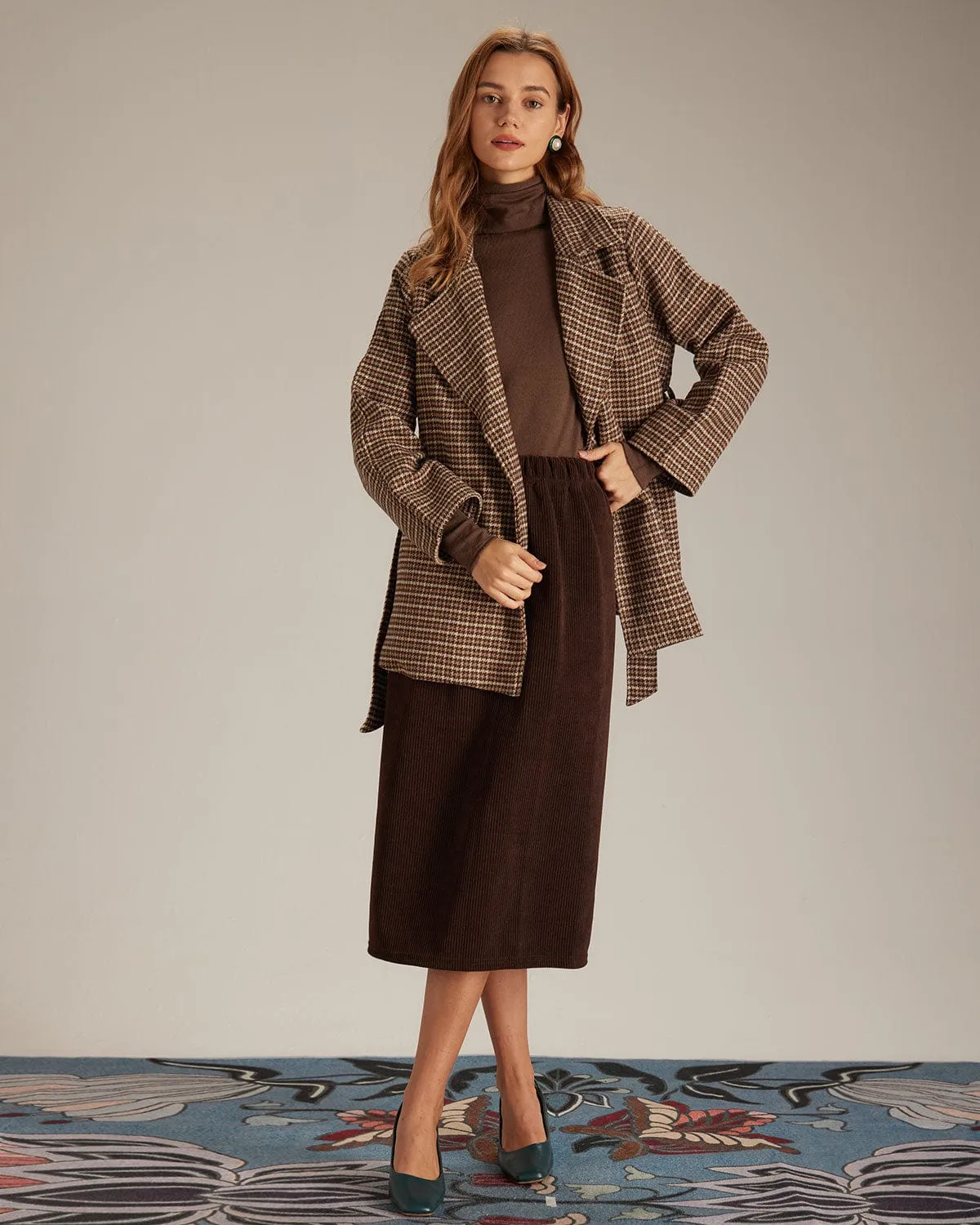 The Khaki Lapel Plaid Lace Up Belted Coat