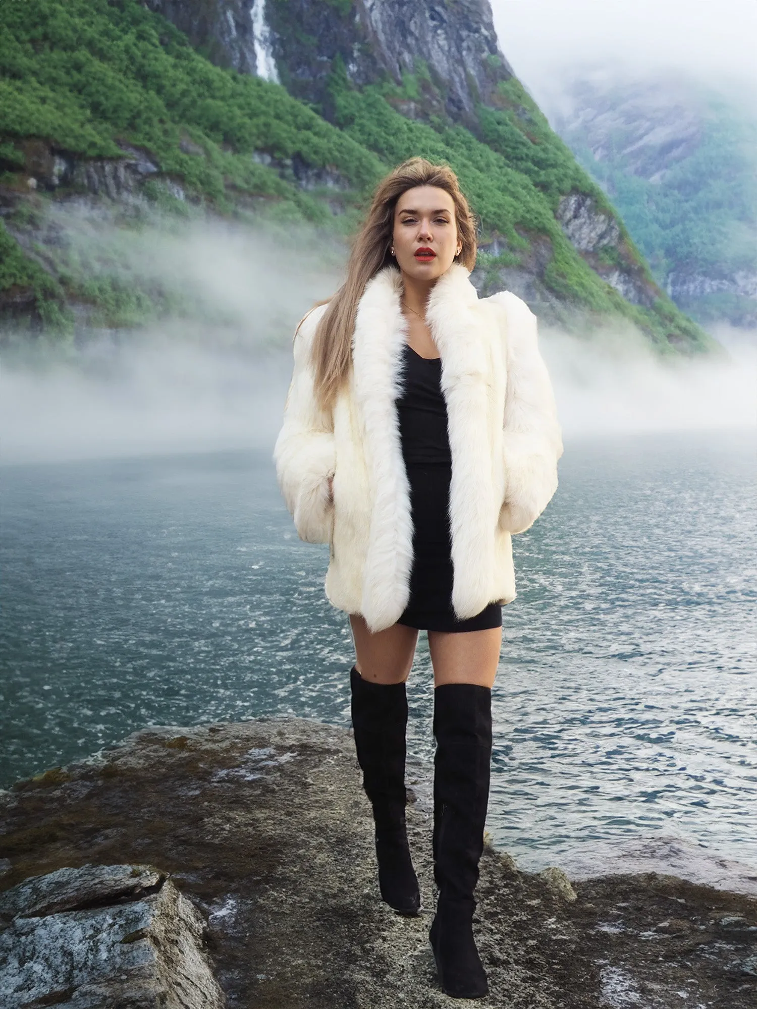 White Mink Fur Coat Jacket S With White Fox Trim And Fox Headband