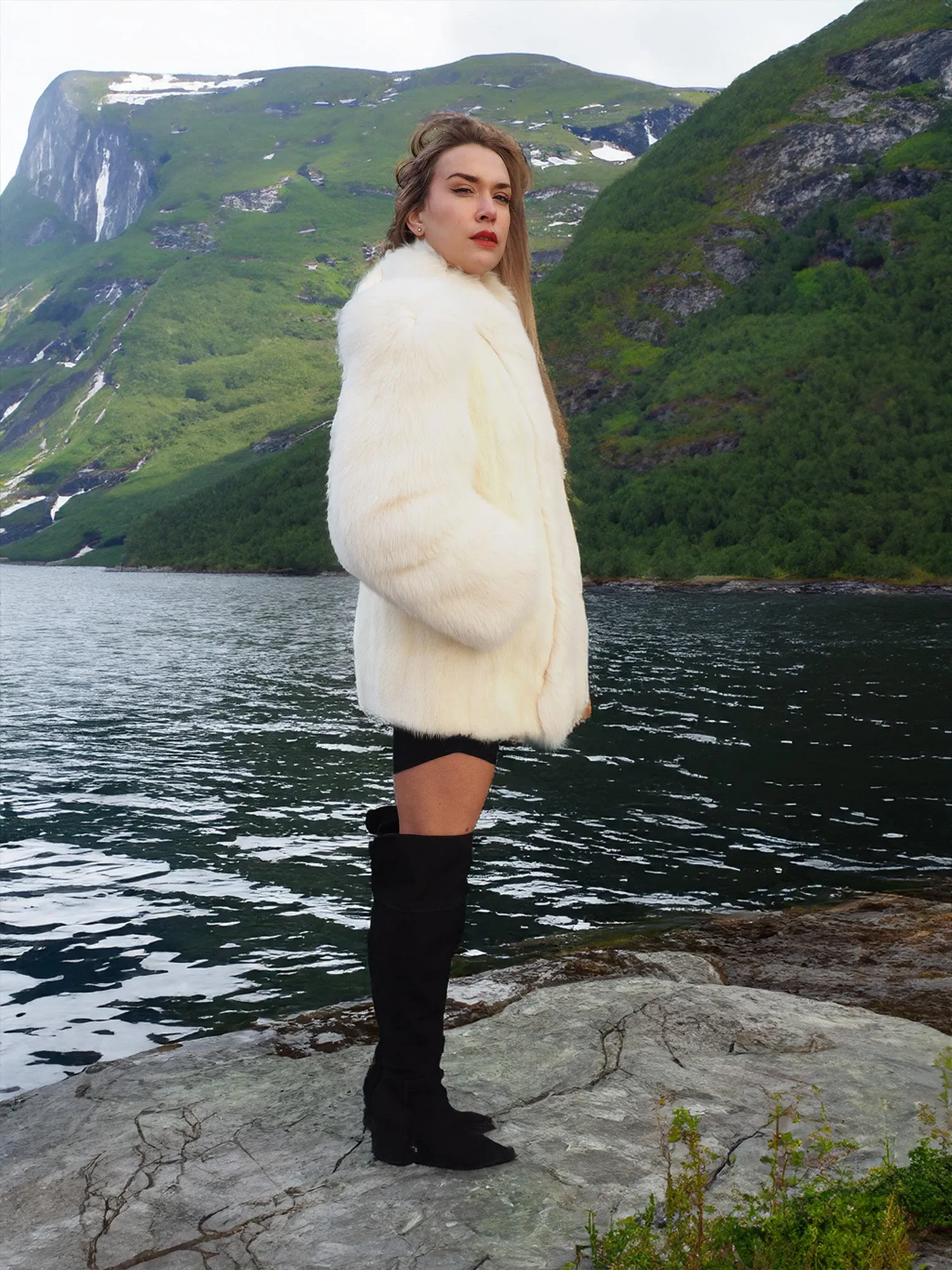 White Mink Fur Coat Jacket S With White Fox Trim And Fox Headband