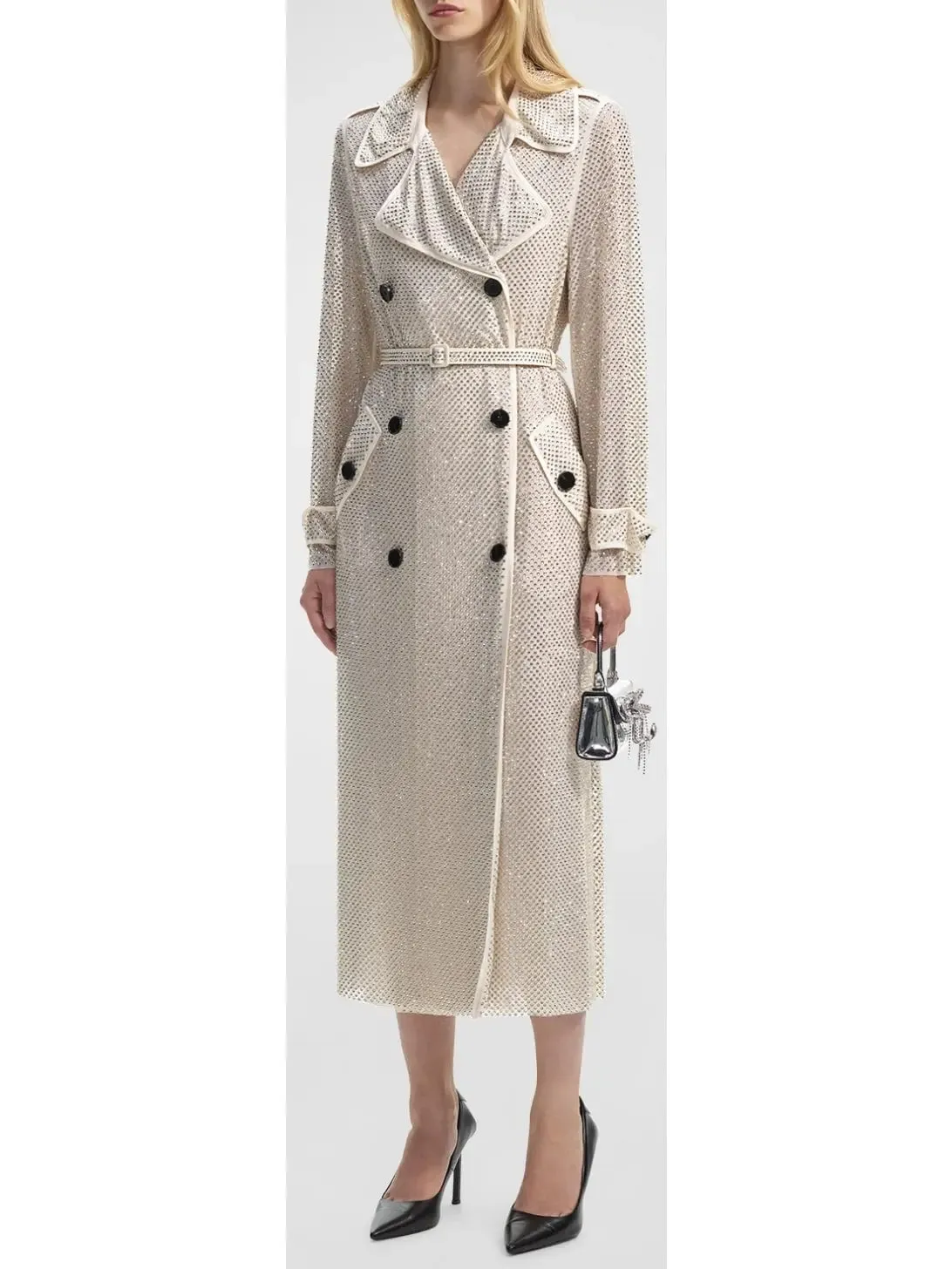 Women’s Belted Crystal Embellished Trench Coat