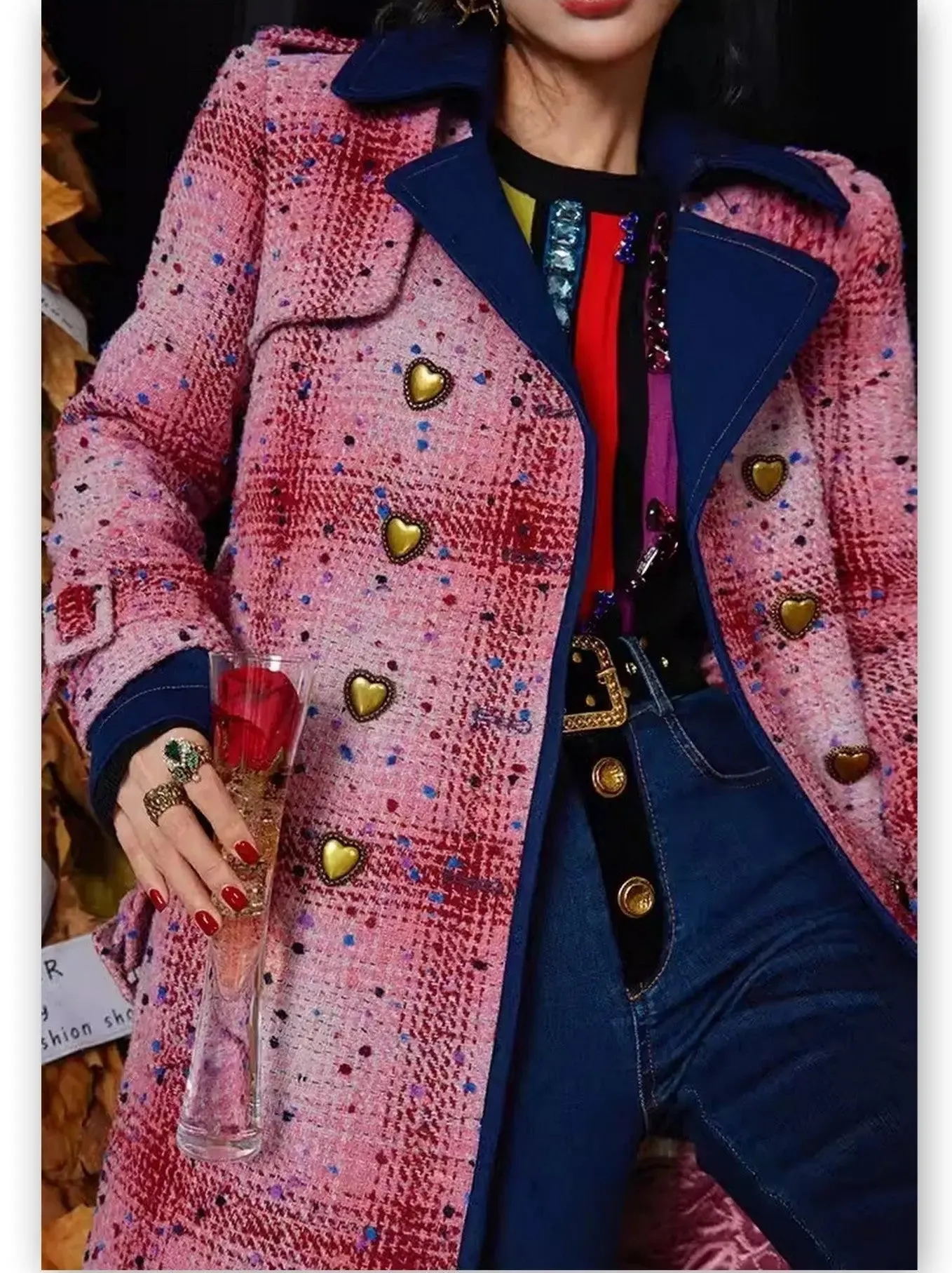 Women’s Belted Double-Breasted Coat with Heart Buttons