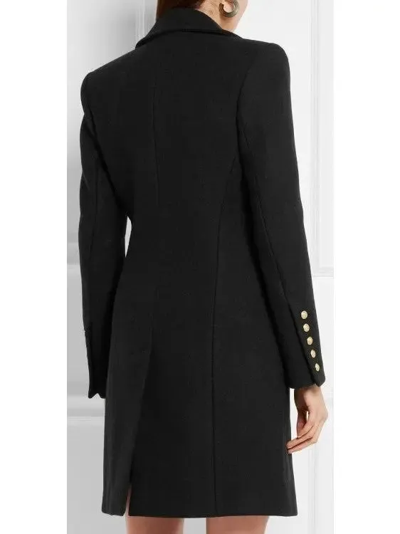 Women’s Black Double-Breasted Gold Metal Button Coat