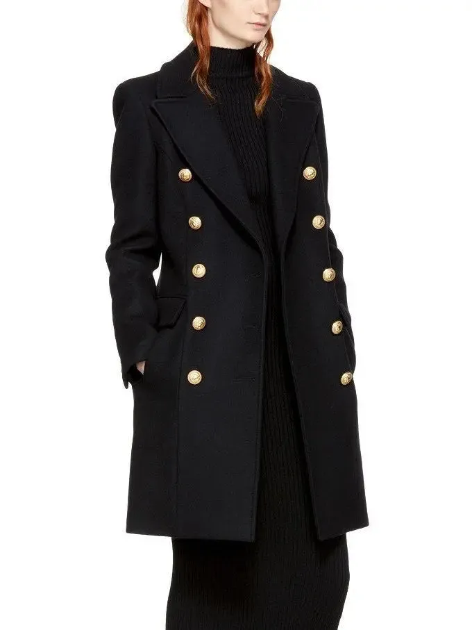 Women’s Black Double-Breasted Gold Metal Button Coat