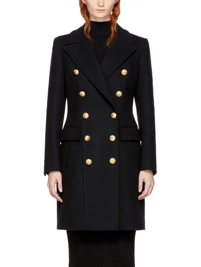 Women’s Black Double-Breasted Gold Metal Button Coat