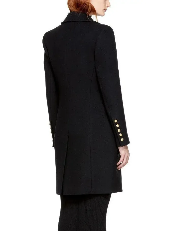 Women’s Black Double-Breasted Gold Metal Button Coat