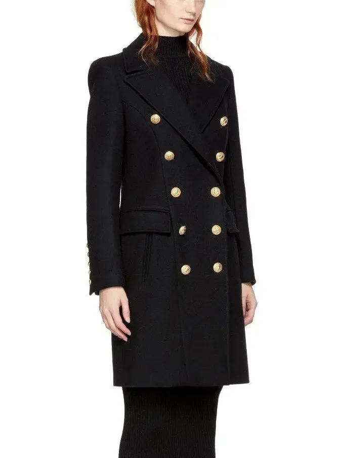 Women’s Black Double-Breasted Gold Metal Button Coat