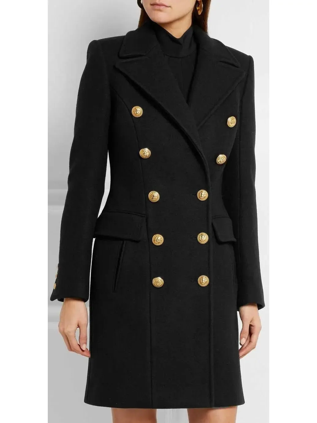 Women’s Black Double-Breasted Gold Metal Button Coat