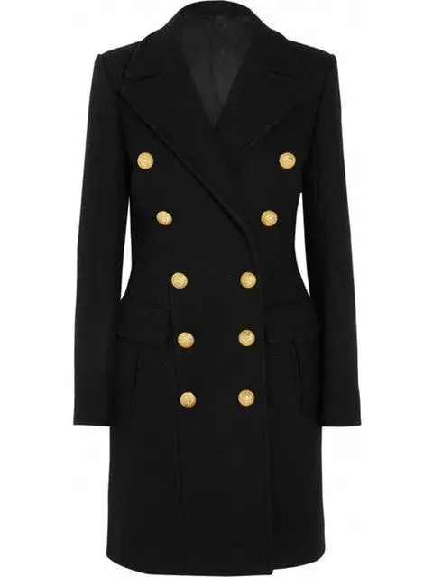 Women’s Black Double-Breasted Gold Metal Button Coat