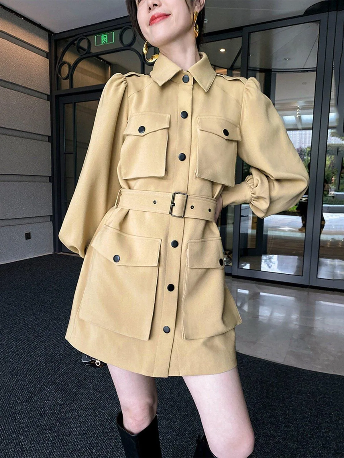 Women's Khaki Long jacket Lantern Sleeve Shirt Dress Belted Waist Epaulet Loose Blazer Jacket trench Dress Fall coat spring windbreaker coat