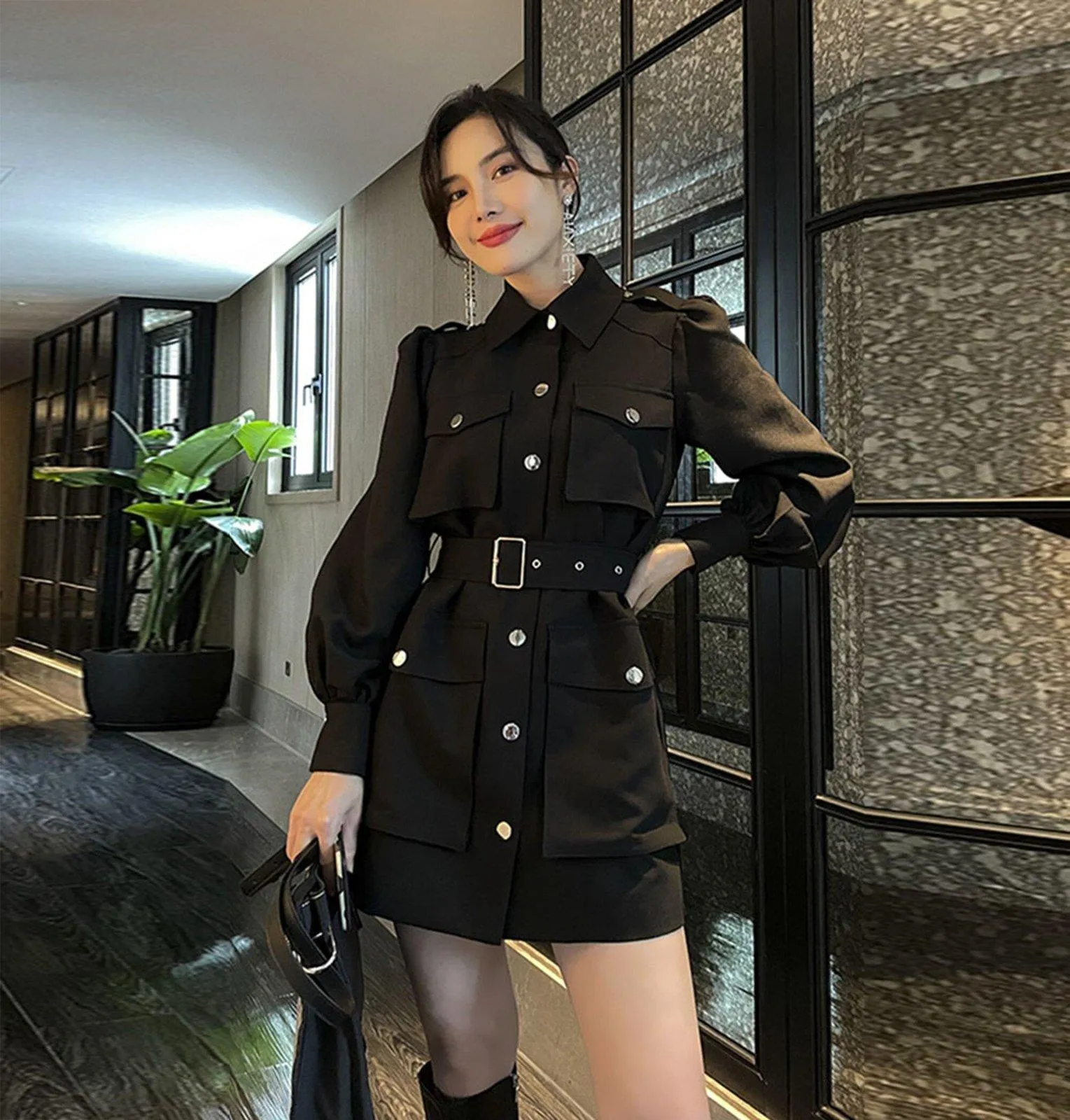 Women's Khaki Long jacket Lantern Sleeve Shirt Dress Belted Waist Epaulet Loose Blazer Jacket trench Dress Fall coat spring windbreaker coat